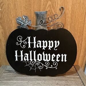 Pumpkin Shaped Happy Halloween Sign Black Wood & Metal Decor 12” With Stand